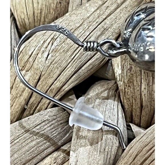 VTG 80s Sterling Silver Etched Puffed Heart Love Dangle Hook Earrings Boho - Picture 7 of 9